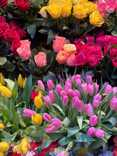 A vibrant display of fresh flowers arranged in a floral market setting, featuring clusters of yellow tulips with smooth, elongated petals, alongside pink tulips with rounded buds, all with lush green 