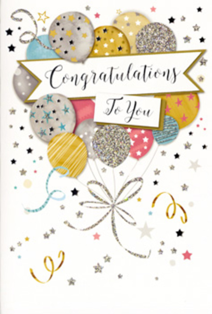 In this detailed image, a congratulations card stands open enough that the full front design can be admired, much like a focal display on a counter in a small Isle of Dogs boutique. The main composition gathers a spray of illustrated balloons that rise from the lower section of the card, overlapping in a natural, bouquet-like cluster. The balloons are drawn in softly reflective hues-muted gold, polished silver, pale champagne, sky blue, blush pink, and a hint of gentle grey-each with its own personality. Some shapes are dressed in tiny metallic stars that twinkle like lights along the Thames; others wear fine vertical stripes, crosshatch patterns, or floating dots that resemble glitter suspended in air. Slender strings descend from every balloon and converge into a loose knot, from which curling ribbons spiral outward in elegant arcs, echoing the shapes of festive streamers we weave around congratulatory flowers for local celebrations near Canary Wharf College or along Manchester Road. Across the centre, a gently curved banner reads Congratulations To You in graceful, looping script, the ink appearing slightly raised and luminous, as though heat-embossed. Around this central motif, a constellation of little stars, curling lines, and confetti flecks dances over a soft, neutral background, bringing energy and motion to the scene without overwhelming it. The overall tone is sophisticated yet joyous, like a well-planned party at a favourite Isle of Dogs café: warm, sincere, and quietly glamorous. As a florist, I imagine this card tucked beside a bouquet of fresh seasonal blooms, ready for same-day delivery to mark a promotion, exam success, or any proud moment that deserves a lasting keepsake.