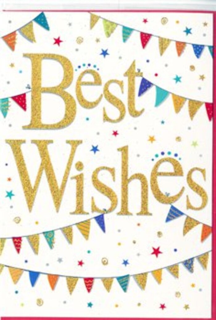 The image shows an elegant Best Wishes card designed with a joyful, celebratory feel that would sit perfectly beside a fresh bouquet delivered across the Isle of Dogs. At the centre of the card, the words Best Wishes are written in sweeping golden calligraphy, the letters thick and graceful, with a glittering finish that hints at subtle texture. The gold ink catches the imaginary light, reminiscent of evening sun glancing off the glass towers near Canary Wharf. This rich script stands out against a crisp, bright white background, giving the card a clean, contemporary look. Framing the words above and below, strings of colourful bunting stretch in relaxed curves, like decorations hung between townhouses off Westferry Road for a neighbourhood celebration. Each bunting flag is rendered in jewel-bright colours-deep emerald, sapphire, ruby, warm amber, and pastel lilac-with some flags left solid and others adorned with miniature stripes, dots, or chequered designs. These repeated curves of bunting help draw the eye back toward the central message, shaping the composition like a gentle embrace around the gold lettering. Dotted throughout the white space are tiny stars and confetti spots in matching colours, scattered casually as though they have just fluttered down from an unseen hand. This sprinkle of confetti adds a sense of light movement and spontaneity, making the card feel alive with quiet excitement. The balance of opulent gold, playful colour, and generous white space gives the design an uplifting, versatile character, ideal for celebrating exam success, a promotion, a new baby, or any proud achievement. It feels like the sort of tasteful, yet fun, greeting a local Isle of Dogs florist would recommend to accompany same-day flower delivery for a special moment.