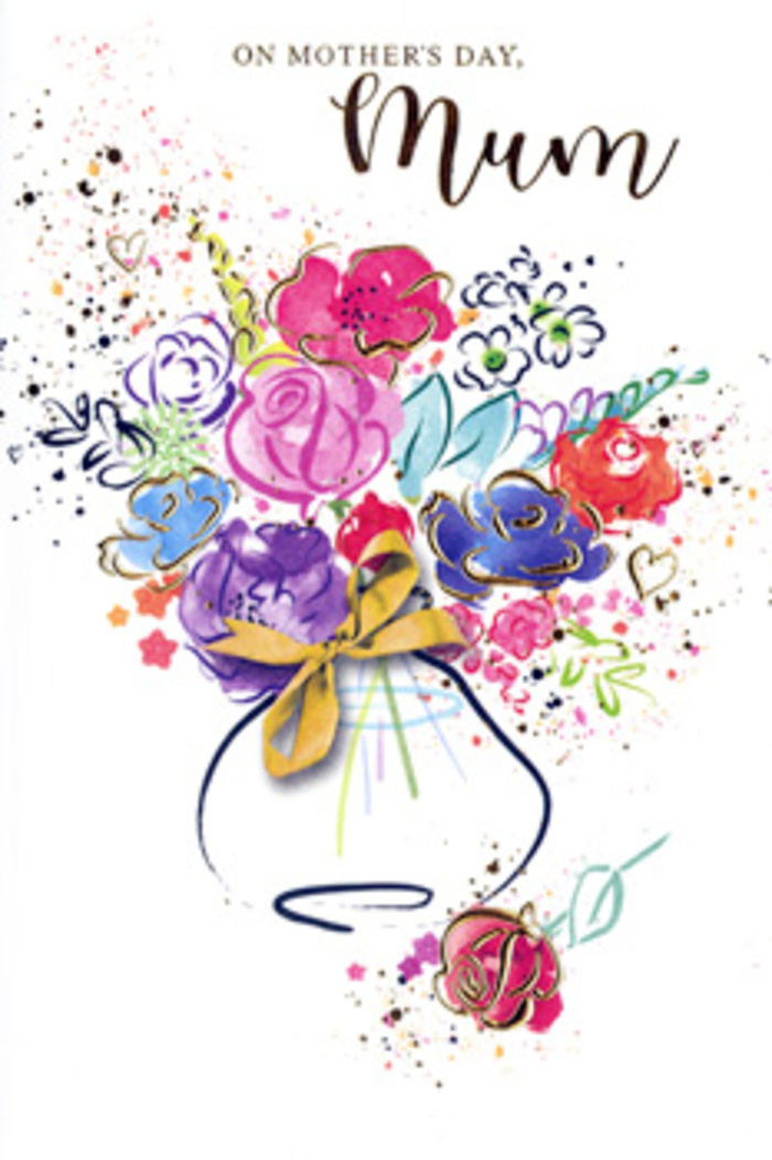An exuberant, hand-painted bouquet fills this Mother's Day card, as if a florist's sketchbook has come to life in watercolour on the Isle of Dogs. Broad sweeps of hot pink and cerise mingle with pools of indigo and soft lilac, each bloom suggested rather than rigidly defined, giving the composition a dreamy, impressionistic feel. Flecks of apricot and warm yellow peek through the petals, like glimpses of evening light reflecting off the river beyond Cubitt Town. Chartreuse and fresh green strokes indicate leafy stems and foliage, adding a sense of lift and air between the richer blossoms so the bouquet never feels heavy. Along the edges of certain petals, tiny accents of gold paint trace the contours, suggesting the gentle glow of a mother's embrace or a cherished memory catching the light. The vase below is whimsical and slightly stylised, its rounded form outlined with confident lines and finished with a neat golden bow that evokes the careful way a bouquet is wrapped for collection from a neighbourhood florist. Around the main arrangement, light splatters and heartlike marks dance across the white card, echoing laughter, shared stories, and the joyful chaos of family life on the Isle of Dogs. The overall mood is one of gratitude and admiration, with each colour and gesture layered thoughtfully, like choosing just the right stem for a hand-tied bunch. It feels like a keepsake-more than just a card, but a lasting paper bouquet that a mum might cherish long after Mother's Day has passed.