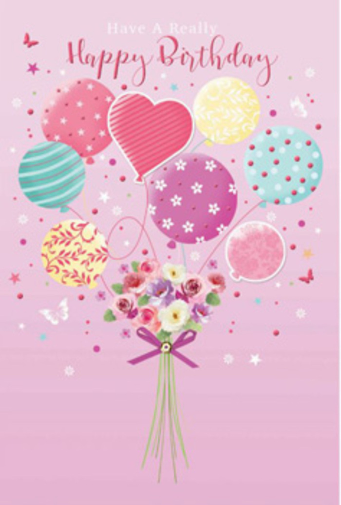 This birthday card artwork presents a floating floral celebration that could easily brighten a flat overlooking the docks on the Isle of Dogs. The composition is set on a soft pink backdrop that feels like the inside of a rose petal, warming the entire scene with a gentle, optimistic glow. At the top and centre, a loose bouquet of round and heart-shaped balloons rises, tied together with fine strings that converge at the base. The balloons are painted in soothing pastel tones-powder pink, sea green, lilac, and sunny yellow-each surface decorated with playful motifs. Some show curling ribbon stripes that spiral gracefully upward, others are sprinkled with lively polka dots or mini floral patterns, and one heart-shaped balloon sits proudly among them, symbolising love and birthday wishes. Imagined light skims across their glossy surfaces, creating subtle highlights and reflections that make them appear almost three-dimensional. Suspended beneath this airy cluster is a sweet hand-tied bouquet, composed of petite roses and anemone-like blossoms in creamy ivory, blush pink, and soft mauve. The flowers are closely packed, their petals layered and velvety, suggesting fresh blooms just arranged by an expert florist. A sparkling purple bow wraps around the stems, the satin ribbon forming neat loops and trailing ends. Delicate butterflies and tiny stars seem to flutter and twinkle around the arrangement, evoking the feeling of a magical birthday moment in a cosy Isle of Dogs home near Mudchute Park. The overall mood is tender, joyful, and slightly nostalgic, as if capturing the happiness of childhood parties and transforming it into a refined, modern birthday greeting inspired by real flower deliveries in the local area.