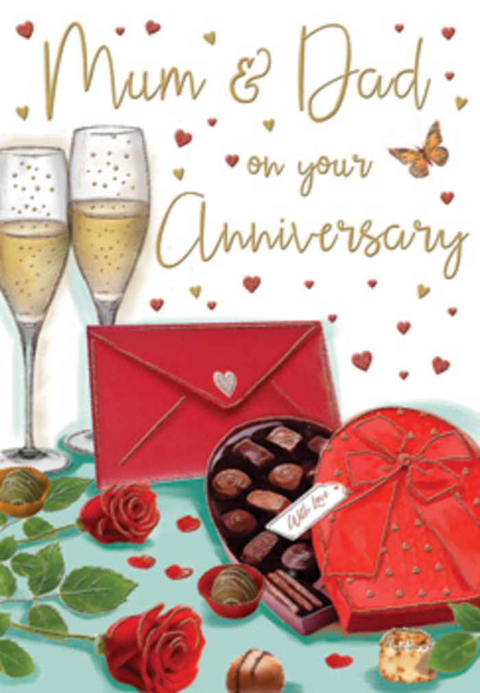 The illustrated anniversary card presents a richly detailed celebration scene, as if a beloved couple from the Isle of Dogs has paused for a quiet evening together. At the centre, two slender champagne flutes stand close, their stems almost touching, filled with sparkling golden liquid that glows softly, like reflections of city lights on the Thames. Around them drifts a gentle shower of tiny hearts in red and gold, framing the hand-lettered dedication to Mum & Dad with a sense of happiness and gratitude. In front of the glasses is a heart-shaped box of chocolates, its lid partly open to reveal a tempting selection of round and square truffles. Shades of milk, dark, and caramel brown are carefully illustrated to suggest different flavours, while the surface of each chocolate catches a subtle highlight, almost as if lit by a nearby lamp in a riverside apartment. A generous red ribbon wraps the box, the bow full and dramatic, giving the card a luxurious, celebratory feel. Nearby, a pair of red roses rests on the tabletop, their petals deeply layered and velvety, with rich green leaves providing a vivid contrast. They look like they've been freshly delivered by a local Isle of Dogs florist, chosen with the same care families show when marking an important anniversary. A scarlet envelope, sealed and slightly angled, completes the arrangement, hinting at handwritten words that might recall years of shared memories around Mudchute Park, island walks, or family dinners at home. The overall composition glows with warmth, indulgence, and the quiet joy of a milestone marked lovingly together.