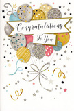 The card in this image feels like a captured moment of celebration, the sort of thoughtful touch you might send along with flowers to a home overlooking the docks on the Isle of Dogs. The artwork features a cheerful cluster of party balloons rising from the lower half of the card, overlapping gently so they read almost like a hand-tied balloon bouquet. Each balloon is round and slightly elongated, painted in soft metallic shades of gold, silver, champagne, sky blue, blush pink, and misty grey. Delicate patterns-tiny stars, twinkling dots, graceful stripes, and shimmering glitter effects-decorate their surfaces, catching the eye the way fairy lights catch on windows along the river. Fine gold and silver ribbons curl from the balloon strings, swirling across the design like the loose ends of gift wrap trailing over a table. A sweeping banner floats across the middle, carrying the words Congratulations To You in elegant script that feels personal, as though carefully penned with a favourite fountain pen. The background remains light and airy, sprinkled with scattered stars, small bursts of confetti, and looping flourishes that create a sense of motion and happiness, as if the whole scene has just been tossed into the air in celebration. There's no clutter, only a refined balance between open space and detail, giving the card a timeless, versatile charm. It would sit beautifully beside a fresh bouquet from a local Isle of Dogs florist, perfect for celebrating exam results, a new job in nearby Canary Wharf, or any hard-earned achievement that deserves to be recognised with grace and genuine joy.