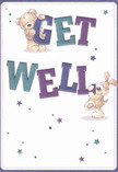 Brimming with warmth and playful charm, this get well card features two lovable characters-a teddy bear with rounded paws and a puppy with floppy ears-delighting in passing on a message of comfort. Their poses and bright eyes invite an instant smile, as if inspired by the friendly neighbours glimpsed at Island Gardens on a sunny afternoon. The sweeping 'Get Well' lettering beams in shades of indigo, teal, and aqua, standing boldly against a pristine cream-white background, exuding vibrancy and reassurance. Twinkling clusters of blue and violet stars add a layer of gentle magic, reminiscent of the sparkling city lights reflected on the Thames in the evenings. Every brushstroke-from the cuddly bear's fluffy fur to the puppy's velvety ears-offers a sense of tactile coziness, making the card feel as inviting as a freshly arranged bouquet delivered by a local florist to brighten someone's recovery in the Isle of Dogs. The entire composition hums with positivity and genuine care, promising a heartfelt boost when your loved one needs it most.