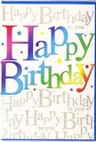 This birthday card feels like a bright burst of joy, the sort of design you'd be delighted to send with a colourful bouquet to a friend celebrating on the Isle of Dogs. Dominating the front is the phrase Happy Birthday, stretched generously across the card in big, friendly letters that move through a lively rainbow gradient. Each character shifts from one rich tone to the next-deep reds and pinks slide into vivid purples and blues, which then melt into fresh greens and warm yellows, creating a smooth wave of colour that looks almost airbrushed. The lettering is bold yet rounded, giving it a soft, welcoming appearance, as if each letter were a balloon floating above a party table. Behind this vibrant focal point runs a continuous background of elegant, golden script, written in a refined cursive that repeats Happy Birthday to you over and over. The script seems to be printed in a fine metallic foil, catching the light with delicate sparkles that recall fairy lights strung along a balcony overlooking the docks. This shimmering text forms a gentle pattern, adding depth and a sense of luxury to the design. Scattered around the main greeting are tiny flecks, dots, and perhaps small star-like marks in coordinating colours, echoing the feeling of confetti tossed into the air at the height of a celebration. The card's surface appears smooth and slightly glossy, crafted to feel special in the hand. Paired with a vibrant floral arrangement and delivered locally, this card would turn any birthday-from a child's party near Mudchute to a milestone gathering near Canary Wharf-into a warm, memorable moment.