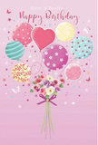 A whimsical birthday scene is illustrated on a soft, blush-pink background, like the sky blushing over the Isle of Dogs at the start of a celebration. In the centre, a bouquet of pastel balloons drifts upward, appearing to lift a dainty bunch of flowers into the air. The balloons come in round and heart shapes, painted in gentle shades of pink, mint, lavender, and buttery yellow. Each one carries its own playful design-candy-striped ribbons that spiral around the curves, confetti-like polka dots that seem to dance, and delicate floral flourishes that echo the bouquet below. Light appears to skim their glossy surfaces, giving them a subtle shine, as though they're slowly rotating above a birthday table. Tied to the base of the balloons is a compact, hand-tied bouquet of rose and anemone-style blooms, their petals soft and full, in tones of ivory, blush, and dusky mauve. The flowers are gathered tightly so the colours blend seamlessly, suggesting the thoughtful touch of a local florist who understands balance and harmony. A violet satin bow secures the stems, adding a hint of sparkle and elegance as it catches the imaginary light. Scattered stars and tiny butterflies float around the design, adding a trace of fairy-tale magic, like confetti drifting over a garden party near Sir John McDougall Gardens. Crafted with the same care used for real birthday arrangements delivered across the Isle of Dogs, this illustration captures the feeling of a joyful, heartfelt celebration-light, airy, and filled with gentle affection.