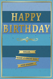 A beautifully composed blue and gold birthday card is shown as if set on a neat coffee table in a modern Isle of Dogs home, its design conveying calm celebration rather than bright bustle. The background is made up of broad, horizontal bands of blue, laid one above the other in a gentle gradient-deep navy at the base, then softer denim and teal, rising to a pale sky blue at the top-suggesting layers of tranquil water or distant horizons along the Thames. Across the middle, the words HAPPY BIRTHDAY are stamped in large, metallic gold capitals, each letter embossed so that it subtly rises from the surface, catching the light in a warm, inviting shimmer. Just below, a decorative golden flourish curves elegantly from side to side, lending a timeless, almost classical character. Beneath this flourish, three golden ribbons are arranged in a tidy vertical stack, each banner clearly inscribed with part of the friendly greeting: Relax, have a great day and enjoy! The messages feel soothing and sincere, encouraging the recipient to slow down and take in the moment. A fine golden border runs around the entire edge, framing the design like a favourite picture. The card's finish appears smooth and slightly matte, with the gold elements providing a luxurious contrast in both colour and texture. You can imagine this card accompanying a hand-delivered bouquet from a nearby Isle of Dogs florist, perhaps set near a window where soft daylight can glint off the gold. It's a gentle, heartfelt birthday gesture, perfect for a quiet celebration at home.