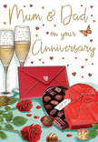 This illustrated anniversary card feels like a lovingly arranged vignette for devoted parents on the Isle of Dogs, capturing the romance of an evening celebration in careful detail. Two tall champagne flutes rise in the background, filled with golden fizz that seems to shimmer, the bubbles drawn mid-rise to suggest the moment just before a shared toast. Around them, tiny hearts in shades of red and metallic gold float softly, framing handwritten anniversary wishes for Mum & Dad and giving the design a joyful, affectionate energy. In the foreground sits an open heart-shaped box of chocolates, its red lid tipped back to reveal a tempting array of truffles in glossy browns and caramels. A bold red bow, tied with graceful loops, spills across the top, its satin-like texture contrasting beautifully with the smooth surface of the chocolates beneath. Resting nearby are two perfectly formed red roses, their petals plush and velvety, rich in colour against fresh green leaves, like a bouquet chosen that morning from a trusted Isle of Dogs florist for same-day delivery. A deep red envelope lies at the edge of the scene, neatly sealed with a small heart, suggesting a handwritten message full of gratitude, memories, and family stories. The lighting feels soft and warm, somewhere between candlelight and lamplight, as if the card were set on a dining table in a Docklands flat or a cosy home near Mudchute. Altogether, the image radiates tenderness, celebration, and the sweet comfort of a love that has grown over many shared years.